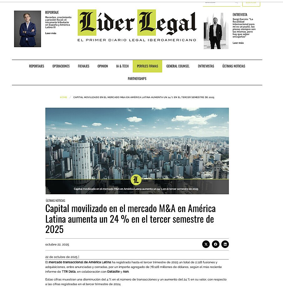 Capital movilizado en el mercado M&A en Am�rica Latina aumenta un 24 % en el tercer semestre de 2025